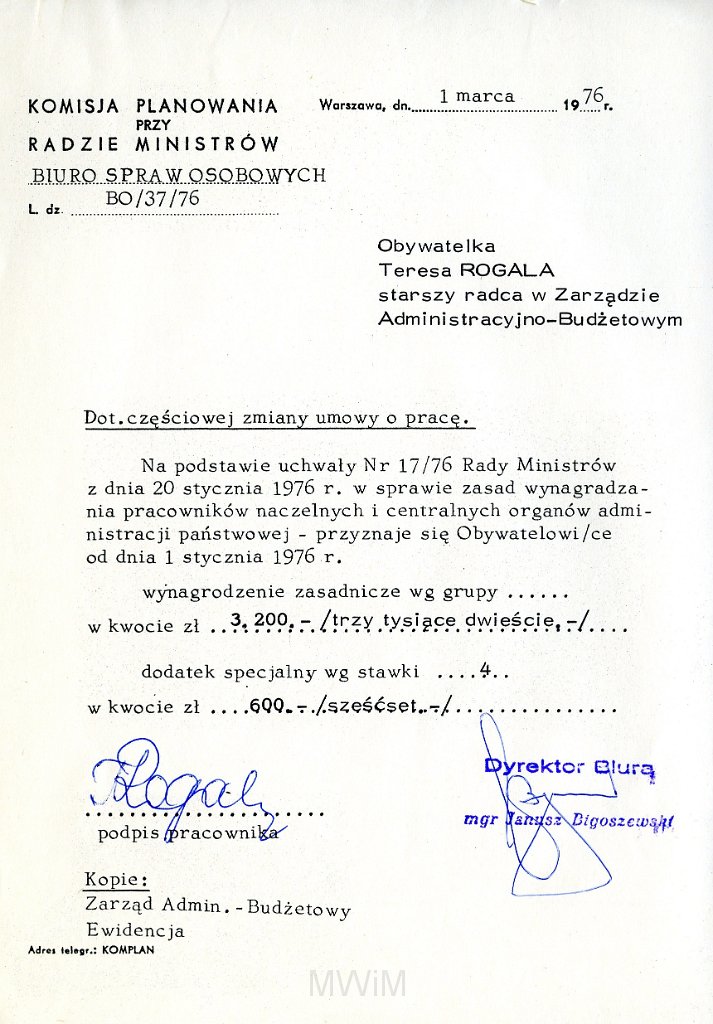 KKE 5832.jpg - Dok. Pismo wystawione przez Komisje Planowania przy Radzie Ministrów dla Teresy Rogala dotyczące wynagrodzenia zasadniczego, Warszawa, 18 VIII 1981 r.